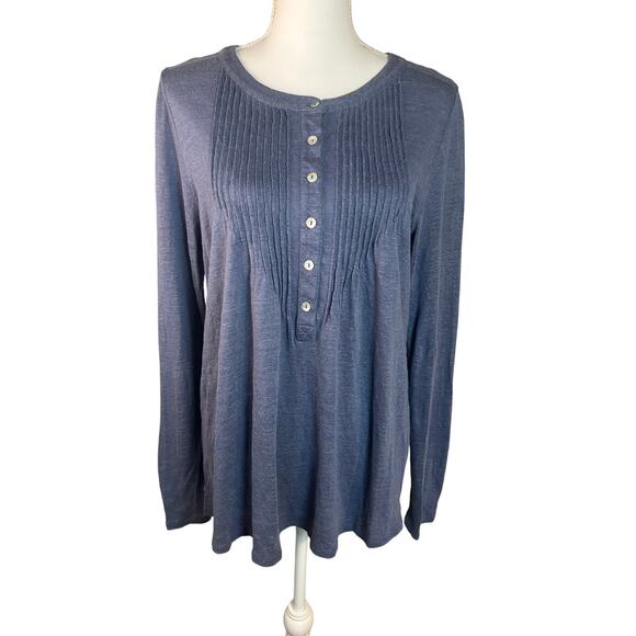 Sundance blue Honey Creek Linen Pintuck Henley Shirttail Hem Long Sleeve M - Picture 1 of 7